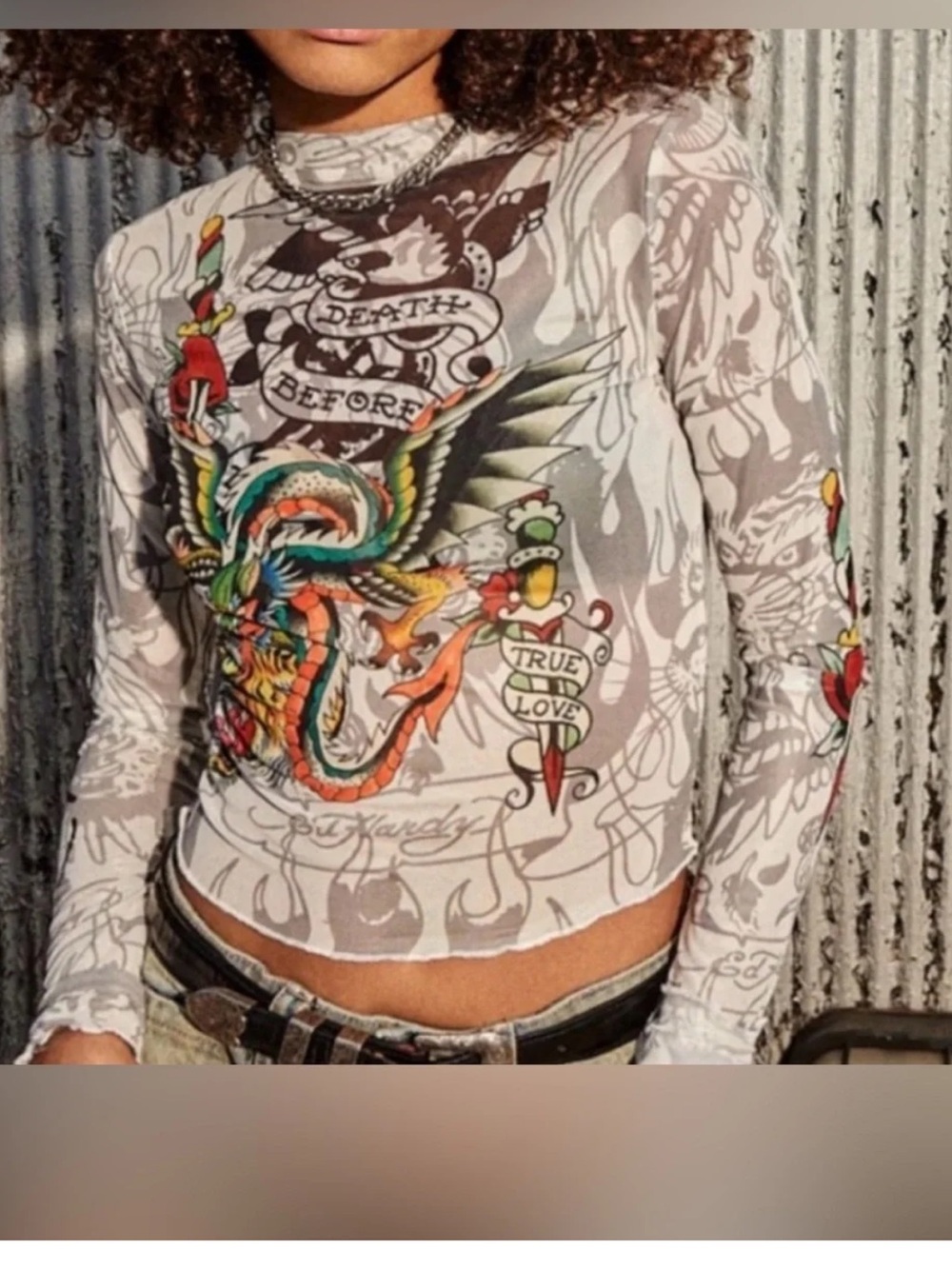 Ed Hardy Dragon Dagger white mesh long sleeve crop top Large Y2K